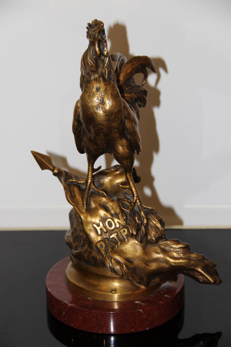 Singing Cock In Gilt Bronze By Prosper Lecourtier 1851-1924-photo-4