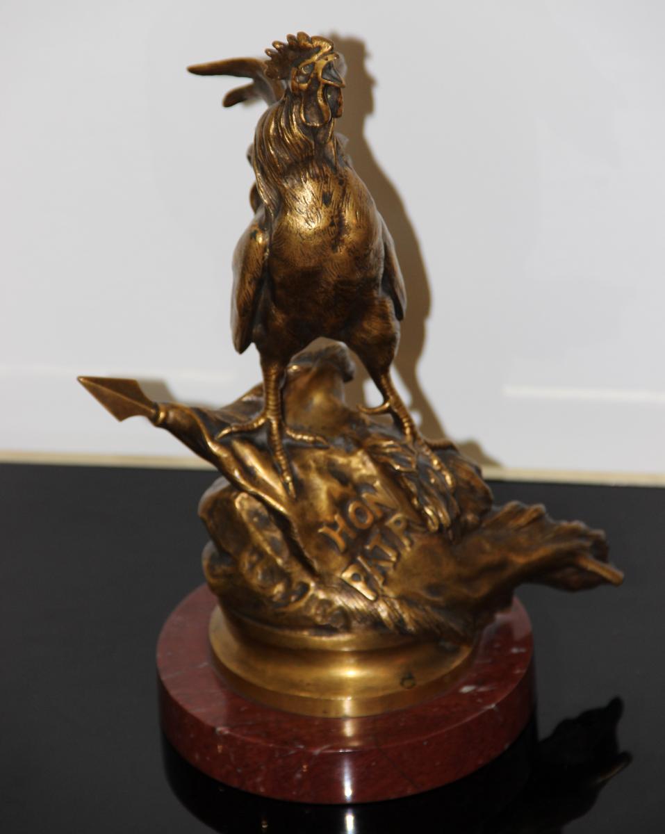 Singing Cock In Gilt Bronze By Prosper Lecourtier 1851-1924-photo-2