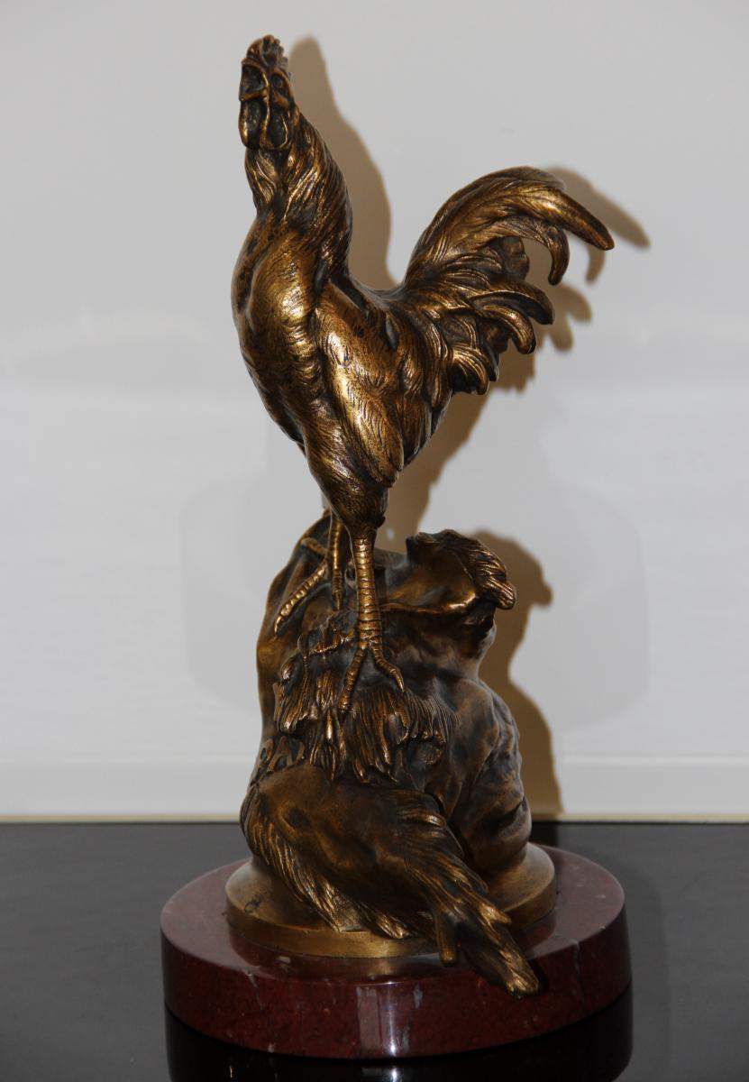 Singing Cock In Gilt Bronze By Prosper Lecourtier 1851-1924-photo-3