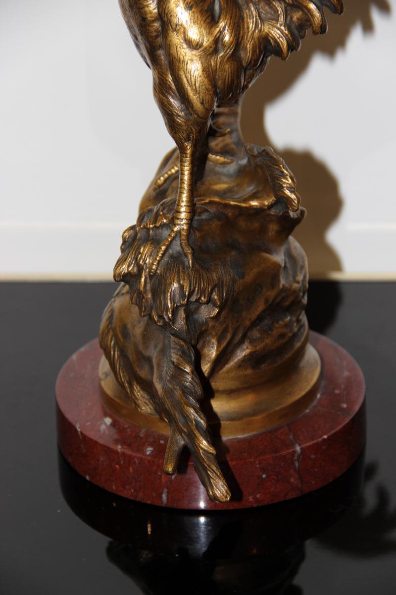 Singing Cock In Gilt Bronze By Prosper Lecourtier 1851-1924-photo-4