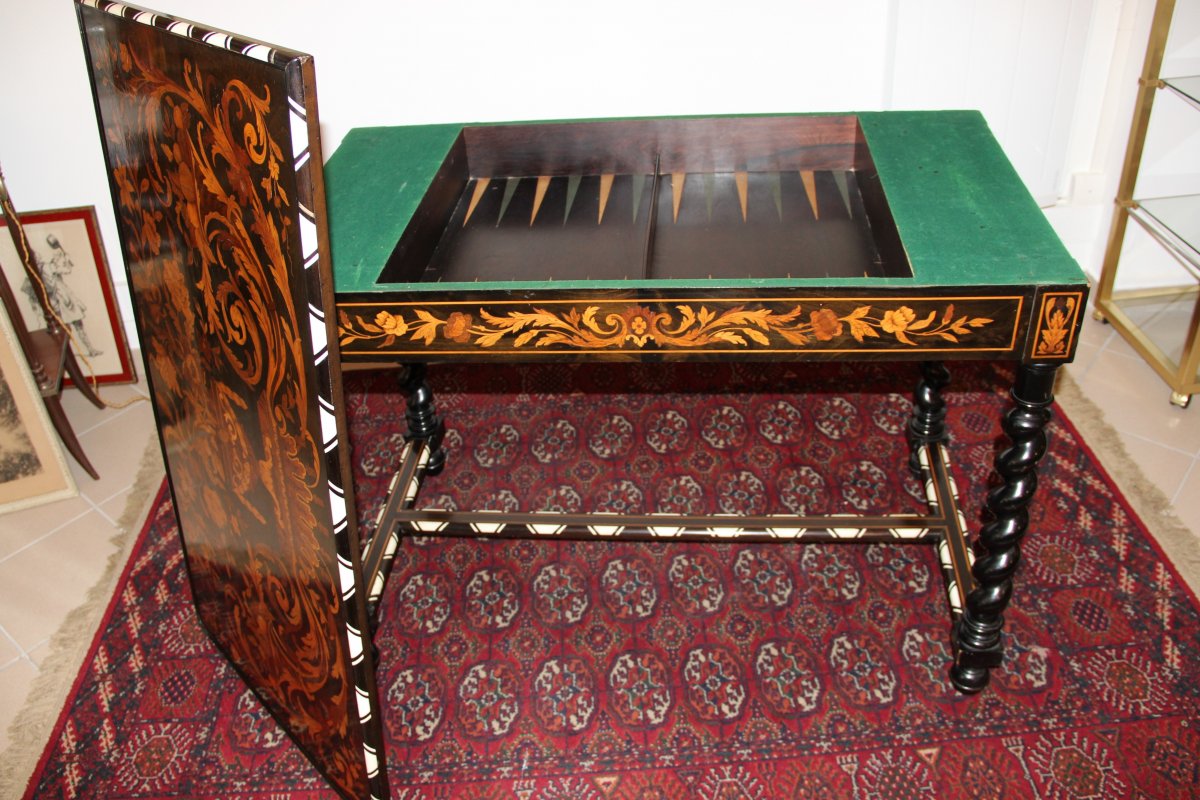 Table Tric Trac En Marqueterie Florale D,époque Napoléon III -photo-1