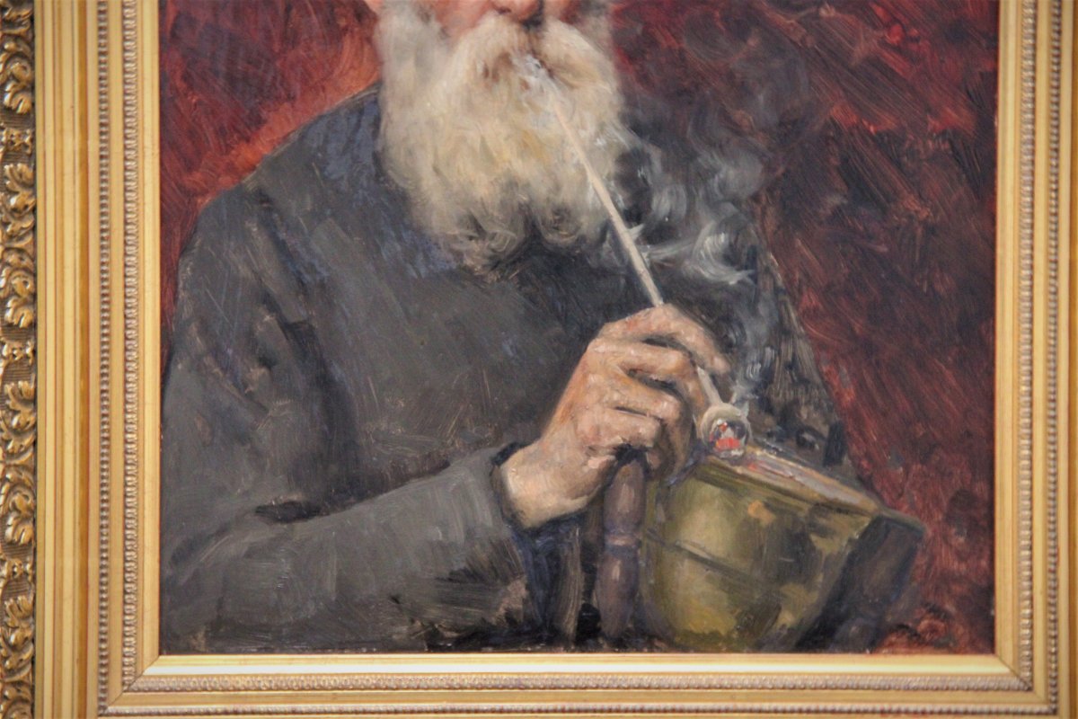 Gustave Krabansky 1852-1903 Portrait Of A Man Smoking The Pipe-photo-3