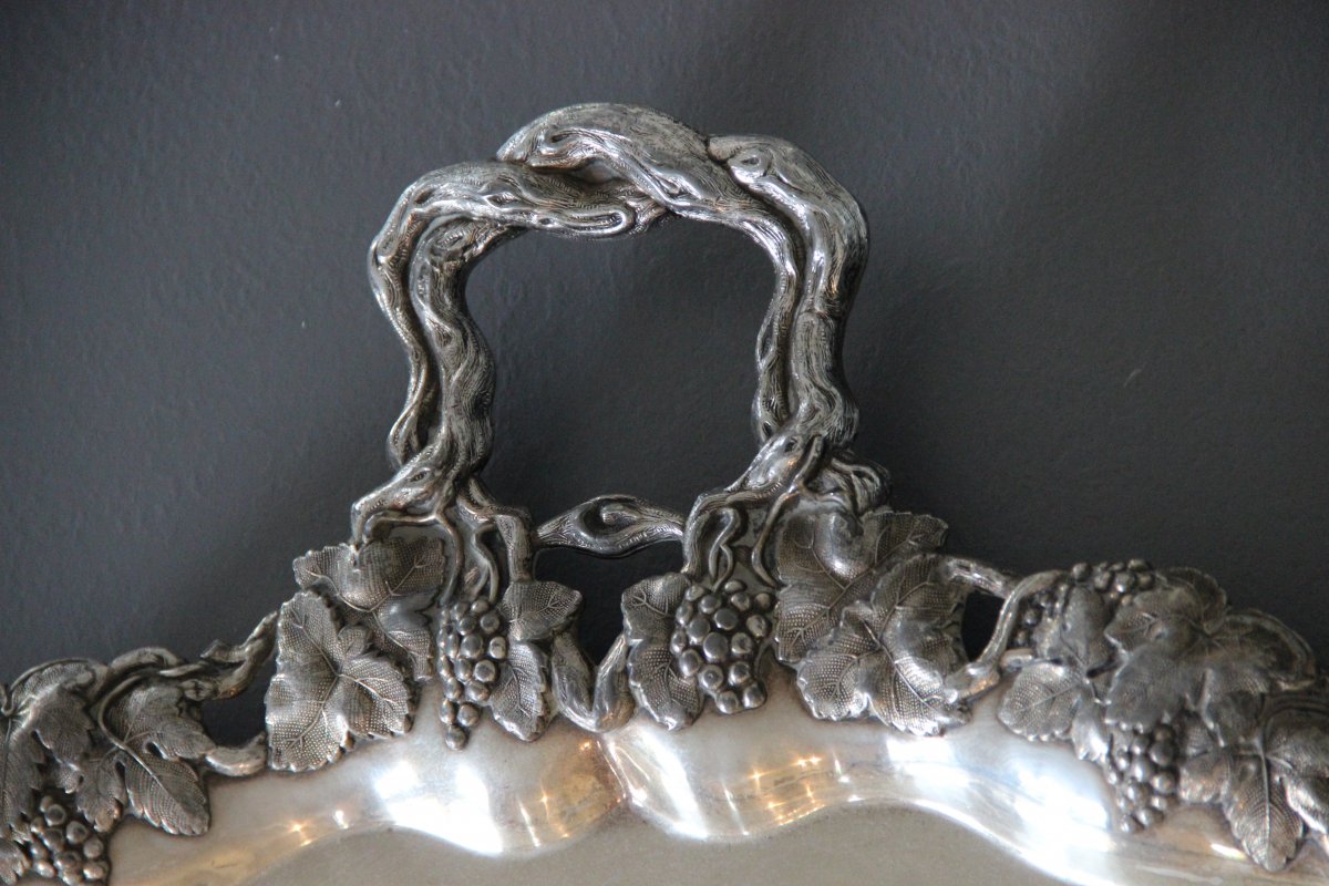 Large Metal-silver Serving Tray In Pampres And Vine Clusters-photo-3