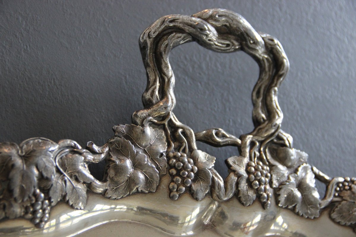 Large Metal-silver Serving Tray In Pampres And Vine Clusters-photo-4