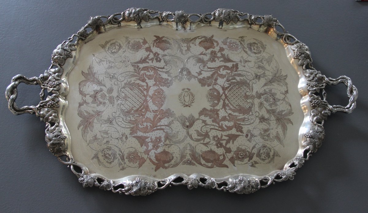 Large Metal-silver Serving Tray In Pampres And Vine Clusters