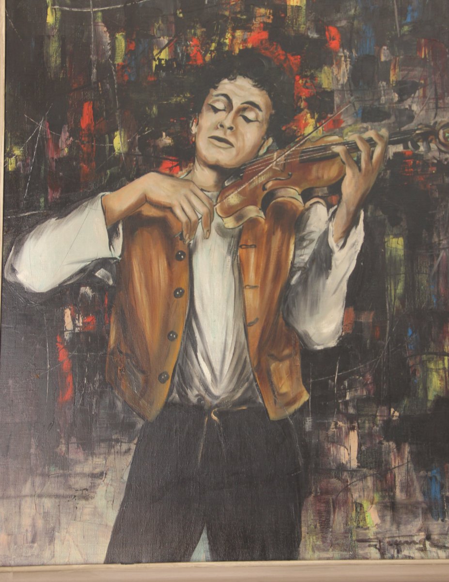 Painting Representing A Violinist In Paris Signed XXth Barn-photo-2