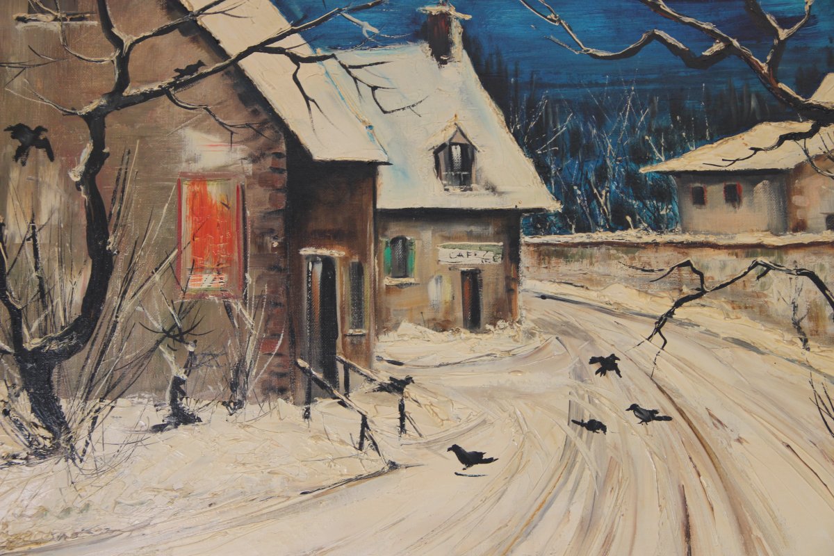 Painting Representative Houses Under The Snow Signed Barn XXth-photo-3