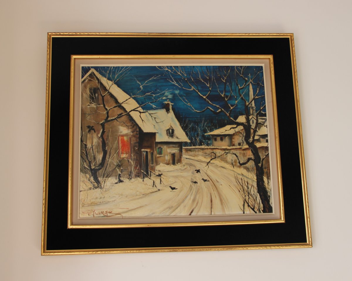 Painting Representative Houses Under The Snow Signed Barn XXth