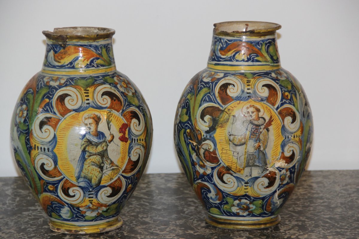Venise XVIéme Paire De Vases Boule Décor Polychrome 