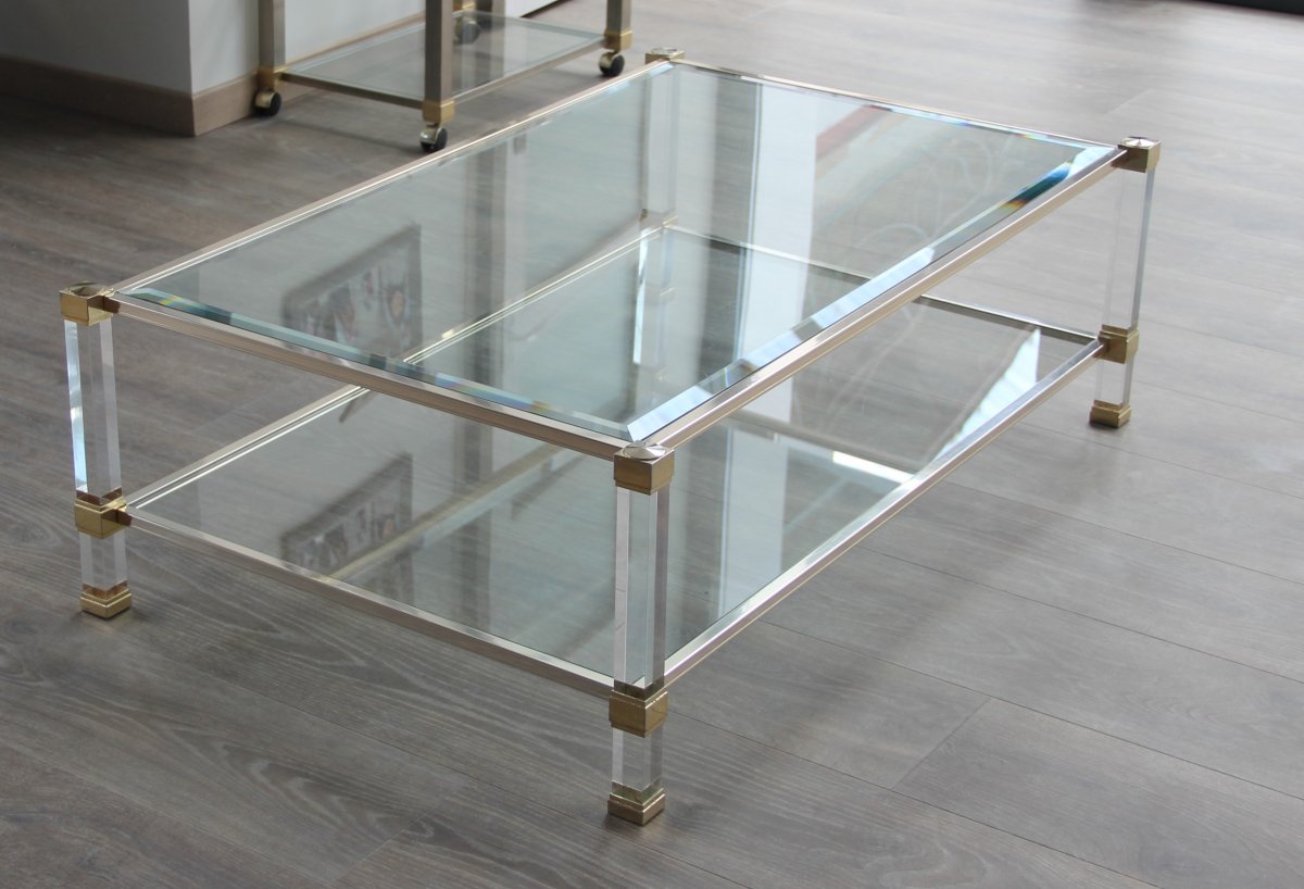 Pierre Vandel Grande Table Basse En Altuglas Et Laiton Doré XXème -photo-1