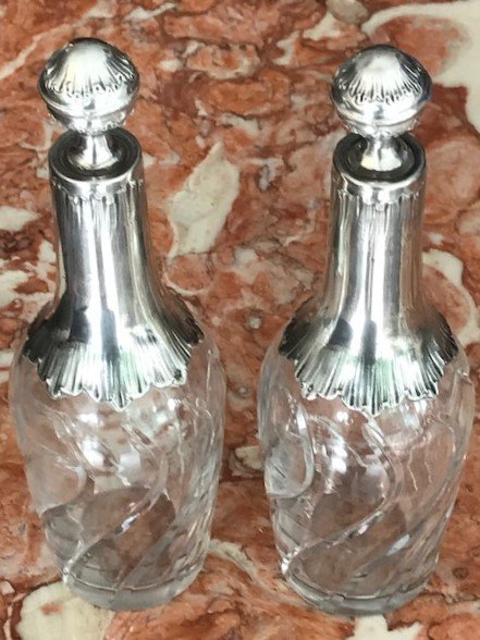 Paire De Carafes  En Cristal Et Argent Minerve -photo-2