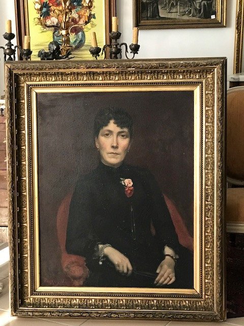 Huile Sur Toile Grand Portrait De Dame Du XIXéme  Signé -photo-1