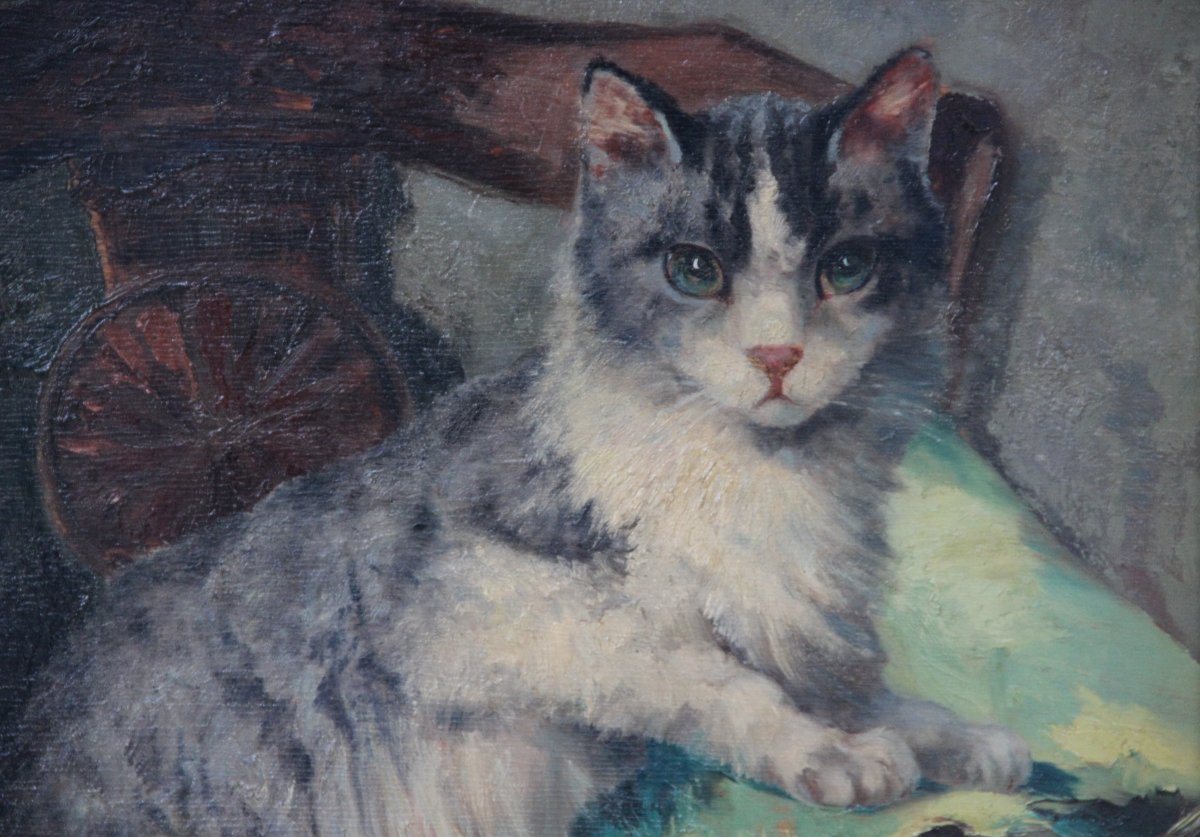 Madeleine Peeters Tombu 1897-1995 Painting Representing A Cat On An Armchair-photo-3