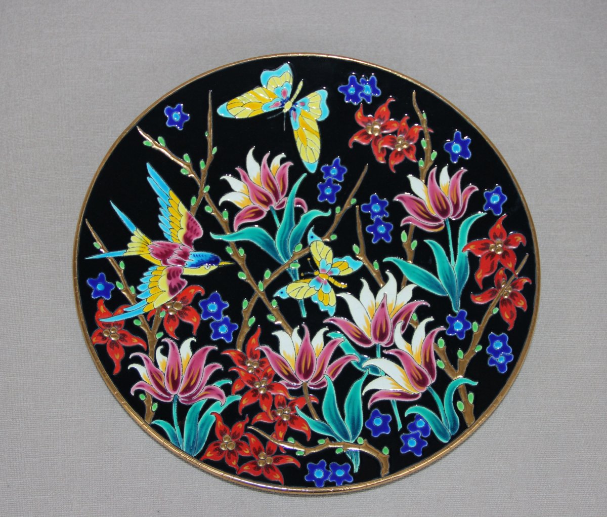 Grand Plat En Emaux De Longwy Atelier d'Art Chevalier Décor Papillons 