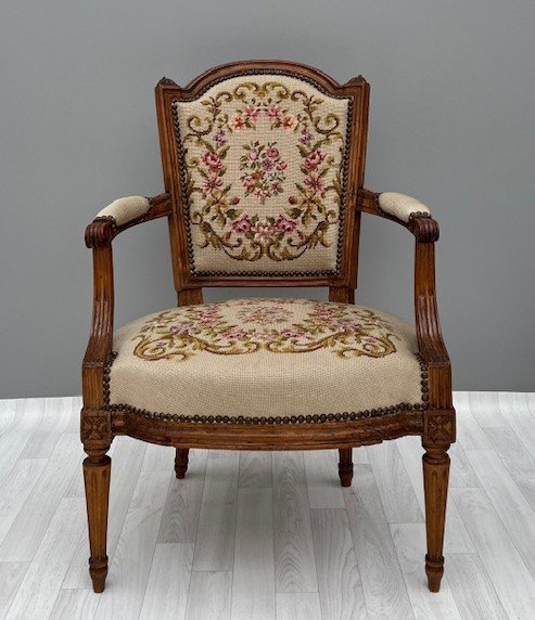 Louis XVI Style Arm Chair with Needlepoint Upholstery