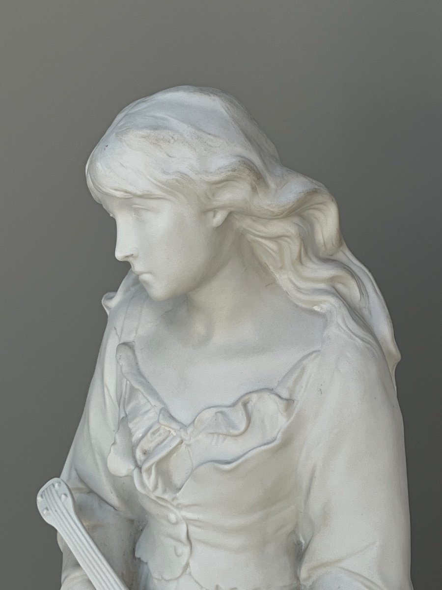 Grande Statue En Porcelaine Jeune Femme à La Mandoline Signé Mignon Mosbach-photo-4