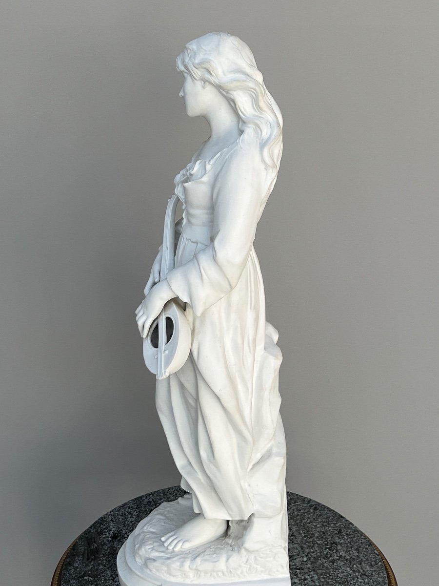 Grande Statue En Porcelaine Jeune Femme à La Mandoline Signé Mignon Mosbach-photo-4