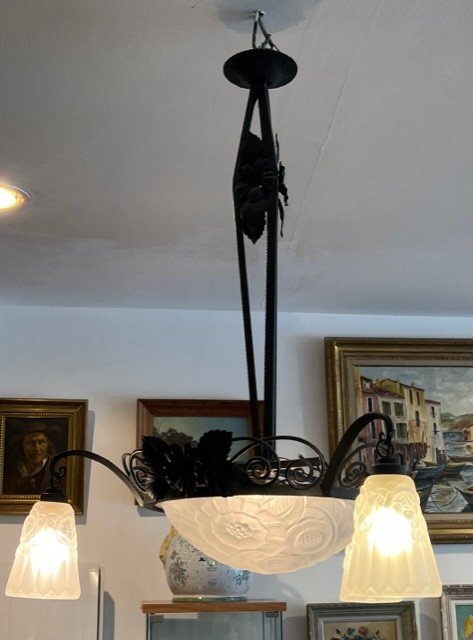 Art Deco Wrought Iron Chandelier Signed Degué-photo-4
