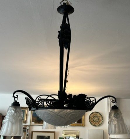 Art Deco Wrought Iron Chandelier Signed Degué-photo-4