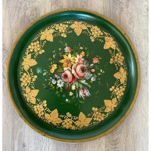 Round Tray In Painted Tole Floral Decor