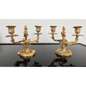  Chandeliers / Bougeoirs  En Bronze Doré Louis XV  Style Rocaille 