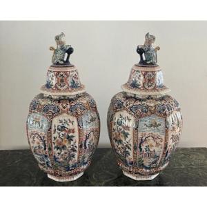 Pair Of Vases / Potiches Covered By Louis Fourmaintraux In Desvres Chinese Decor