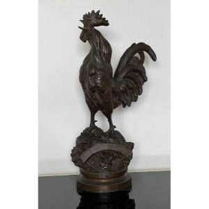 Prosper Lecourtier 1855-1924 Coq Gaulois Chantant En Bronze