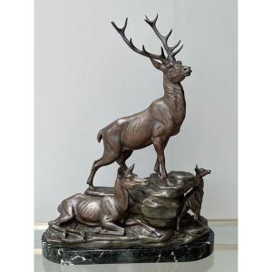 Large Sculpture By Louis Carvin 1875-1951 Deer Doe & Peacock