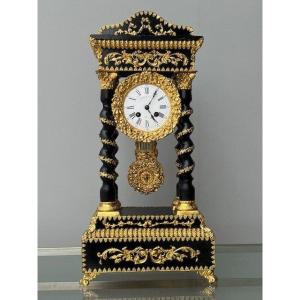 Napoleon III Portico Clock In Blackened Wood And Gilt Bronze