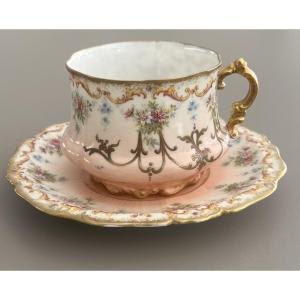 Grande Tasse en Porcelaine de Limoges Motif Floral et Or 