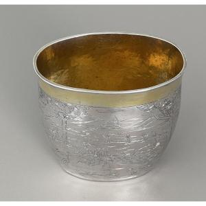 Rare Timbale de Chasse en Argent Massif avec Armoiries Orfévre Bossard en Suisse
