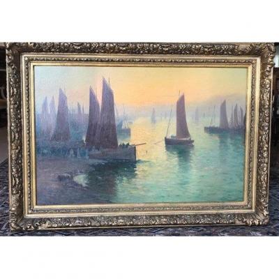 Paul Philippe 1870-1930 Retour De Pêche  à Concarneau au Crépuscule 