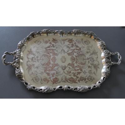 Large Metal-silver Serving Tray In Pampres And Vine Clusters