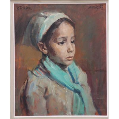 Peinture Orientaliste De Raymond Tellier Petite Fille Au Bonnet Vert 