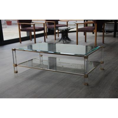 Pierre Vandel Large Coffee Table In Altuglas And Golden Brass XXth