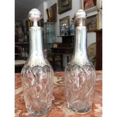 Pair Of Crystal And Minerva Silver Liquor Carafes