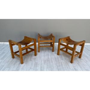 Maison Regain 3 Stools In Solid Elm And Leather 1970s