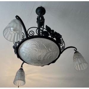 Art Deco Wrought Iron Chandelier Signed Degué