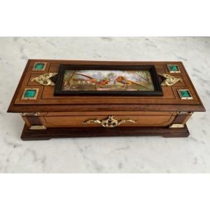 Box / Jewelery Box In Walnut & Napoleon III Porcelain Plate