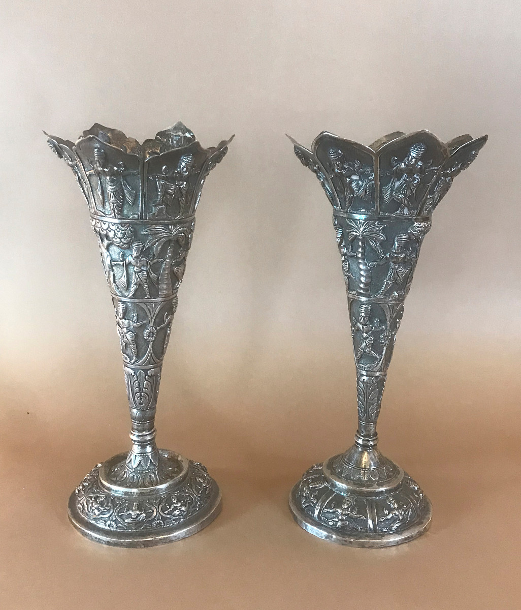 Paire de vase en argent massif, Inde de l'Est, XIXe siècle-photo-2