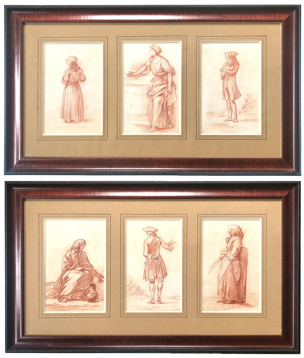 Six études de personnages dessinées à la sanguine, France, XVIIIe siècle