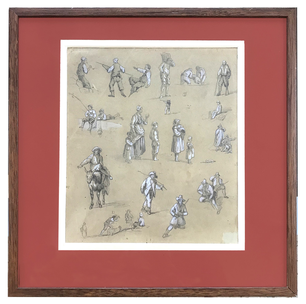 Etudes de paysans, dessin au crayon, rehauts de craie blanche, Eugène Lepoittevin (1806-1870)-photo-2