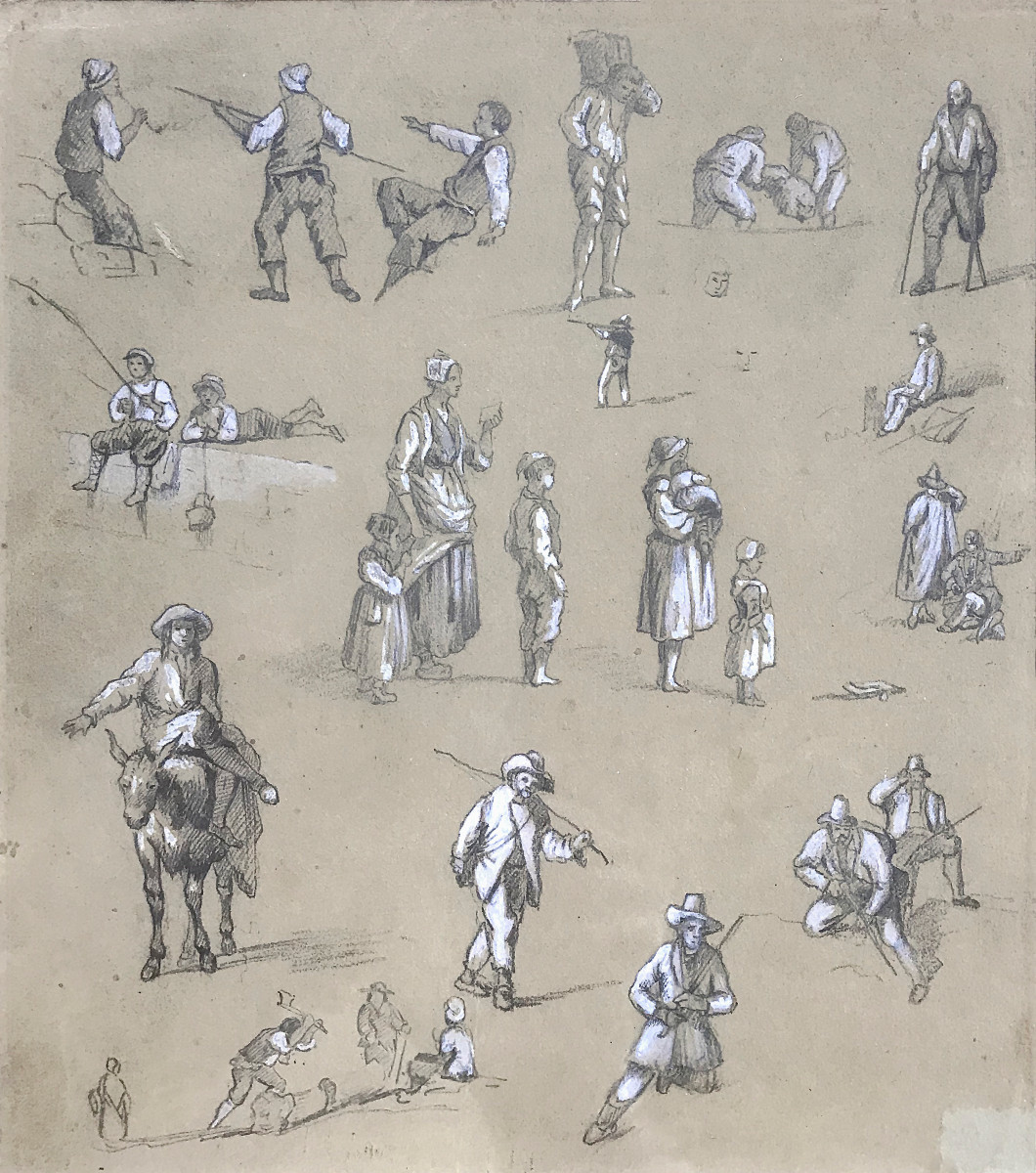 Etudes de paysans, dessin au crayon, rehauts de craie blanche, Eugène Lepoittevin (1806-1870)