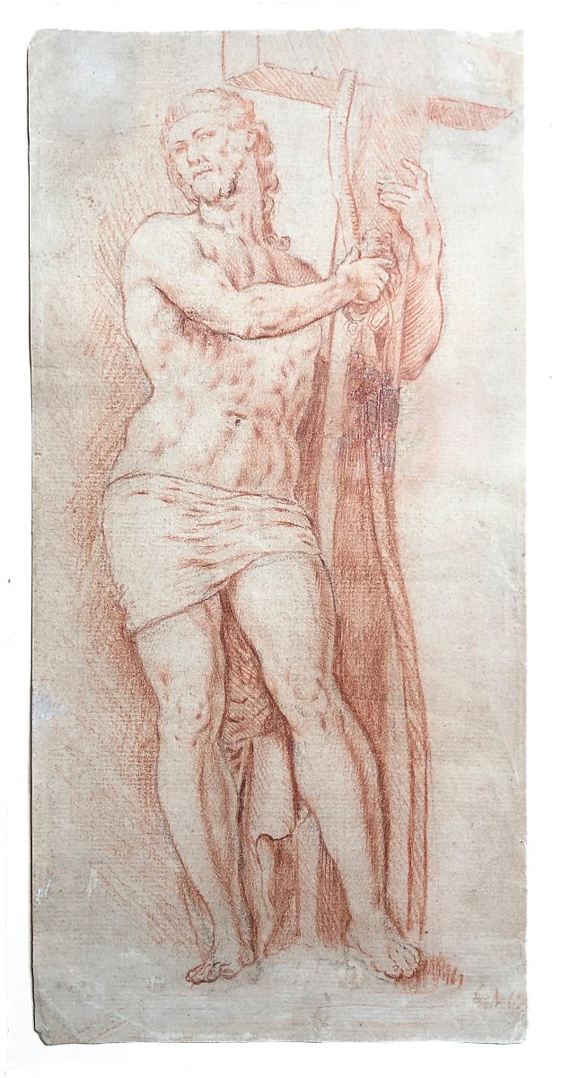 18th Century French School, Christ Ressuscité Tenant Sa Croix, Red Chalk Drawing-photo-2