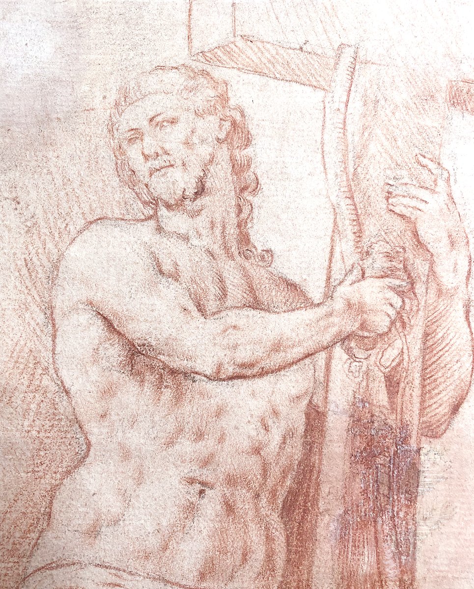 18th Century French School, Christ Ressuscité Tenant Sa Croix, Red Chalk Drawing-photo-3