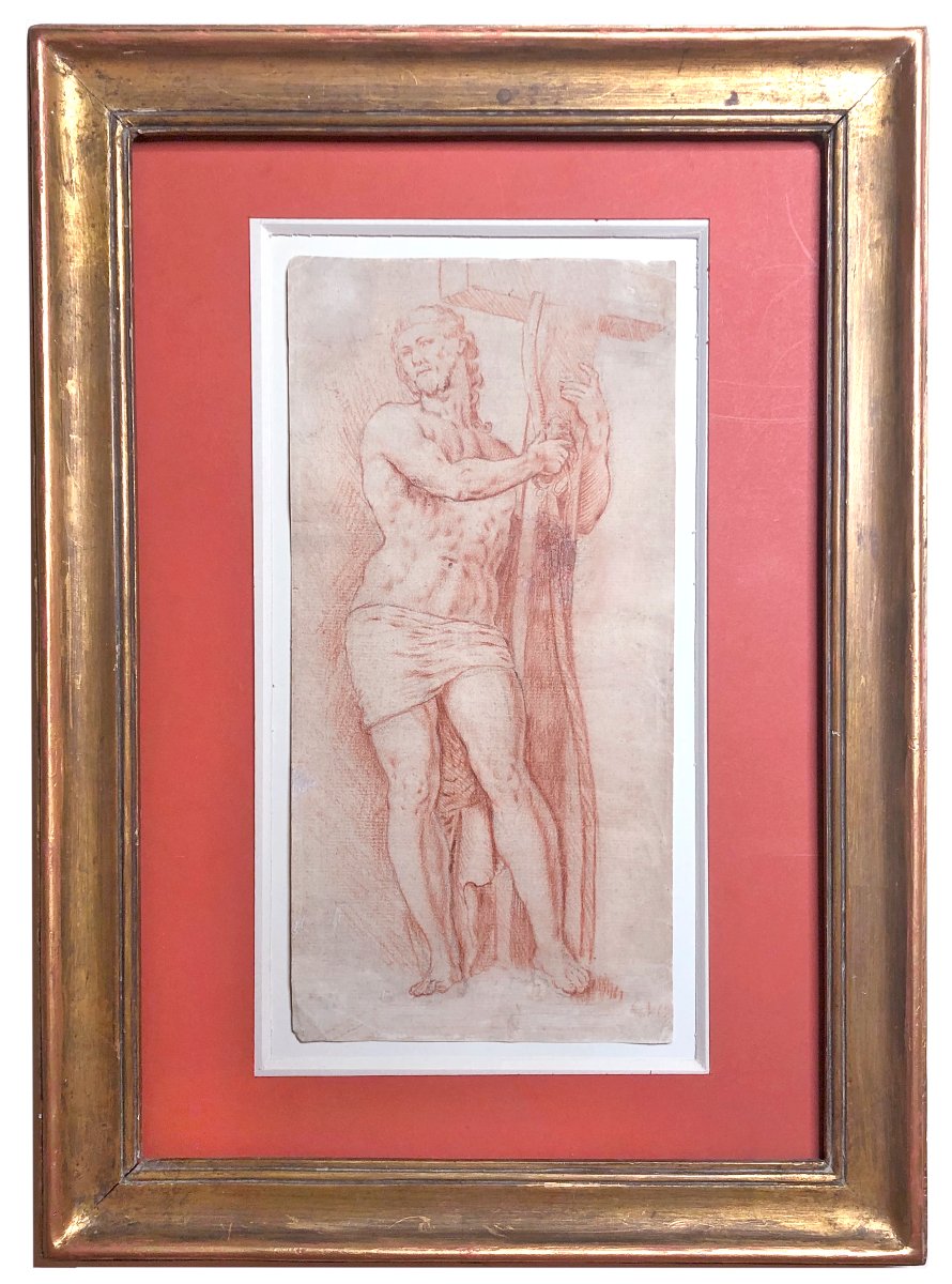 18th Century French School, Christ Ressuscité Tenant Sa Croix, Red Chalk Drawing