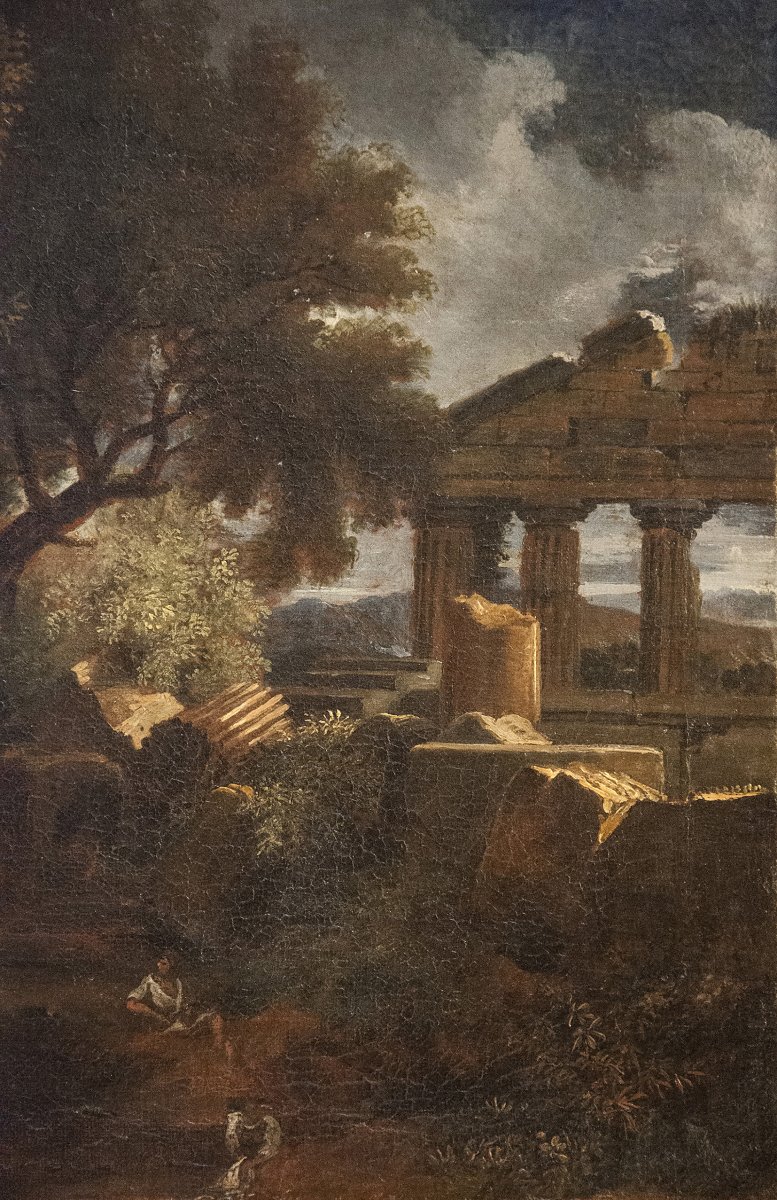 Paysage italianisant avec ruines, attr. Jan Dirksz Both (Utrecht, c.1618-1652), huile sur toile-photo-2