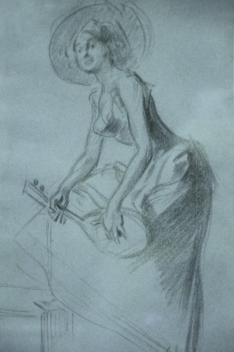Jules Chéret (1836-1932), Woman Playing The Mandolin, Study In Black Chalk, C. 1895-photo-2