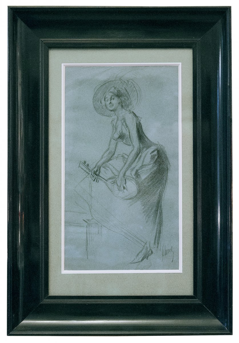 Jules Chéret (1836-1932), Woman Playing The Mandolin, Study In Black Chalk, C. 1895