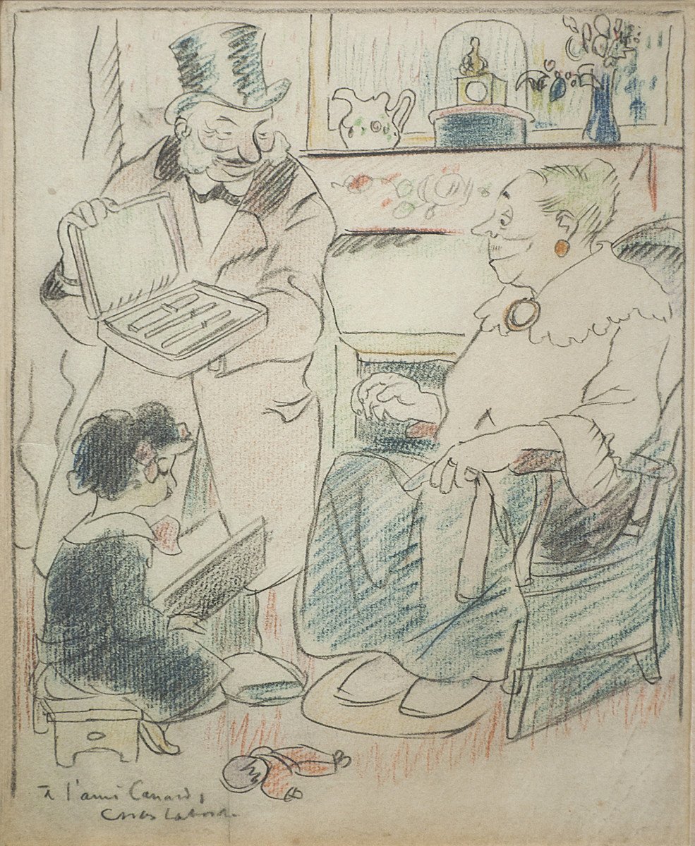 Chas Laborde (1886-1941), dessin original aux crayons de couleurs, signé et dédicacé